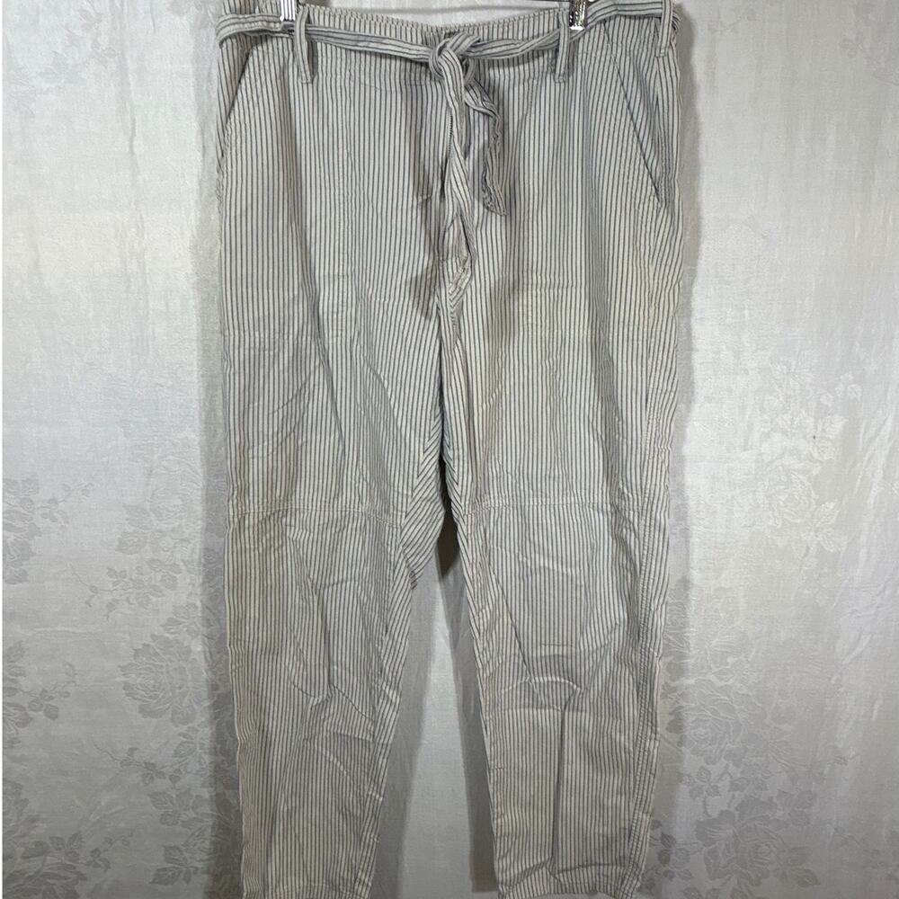 American Eagle Pants 14 Cream Blue Striped Belted Cotton Pockets